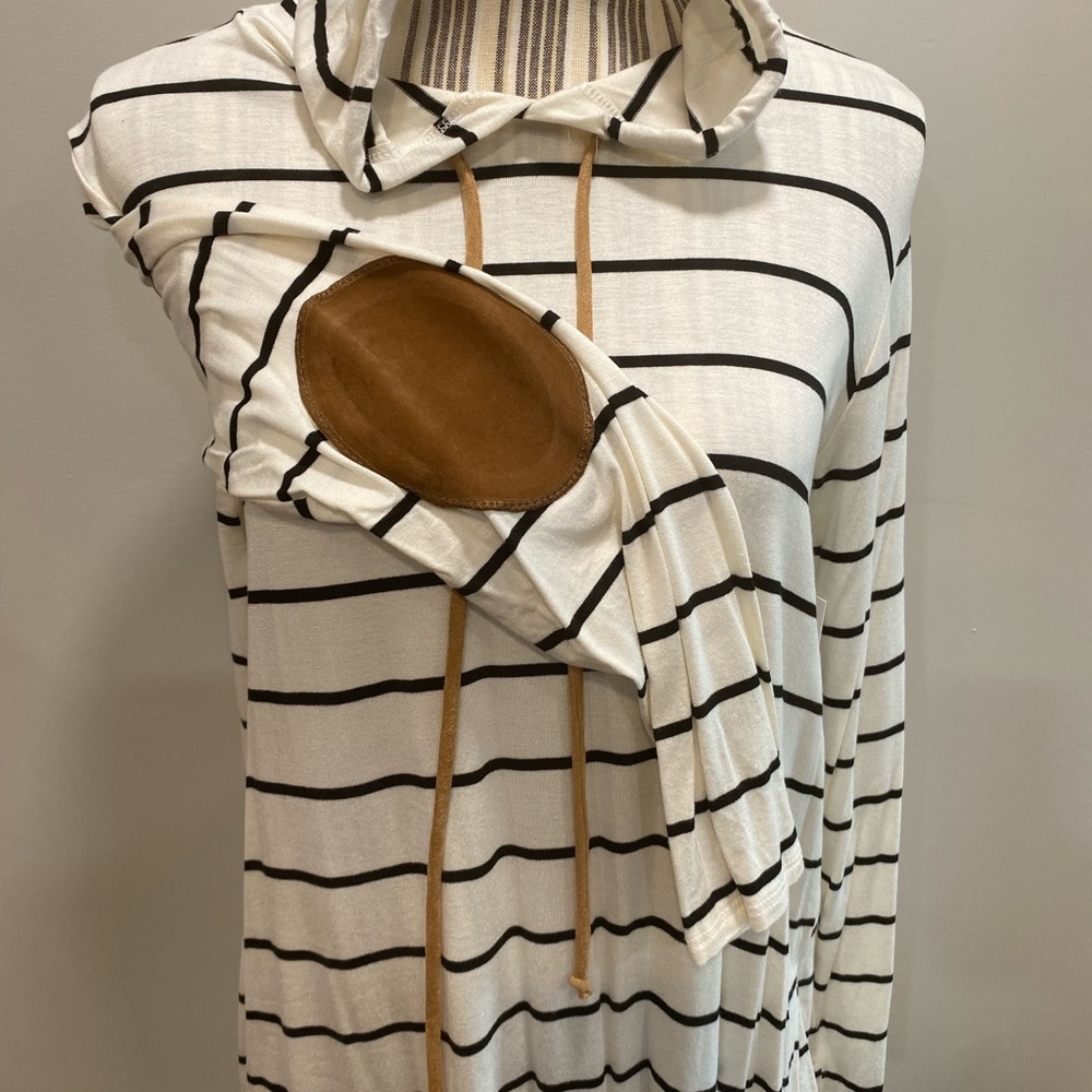 Heimish black and white striped hooded pullover with elbow patch